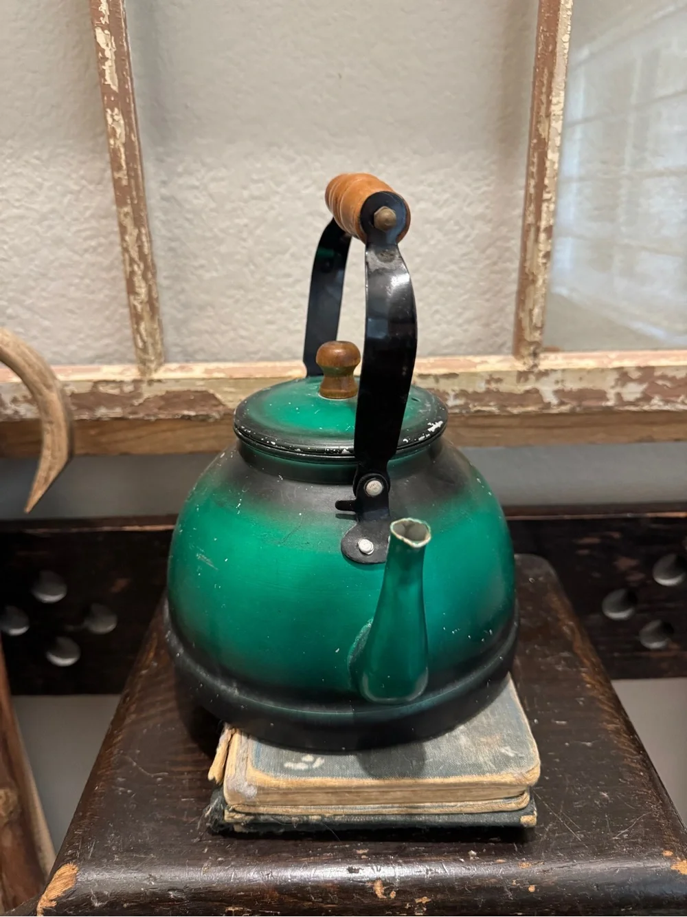 Green Vintage Tea Kettle with Wooden Handle